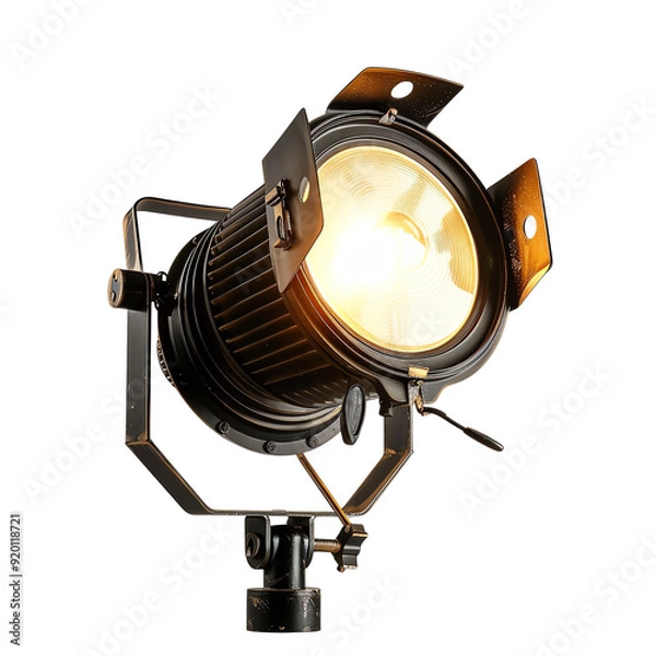 Fototapeta Studio spotlight with warm glow isolated on white background. Professional lighting equipment for photo and video production.