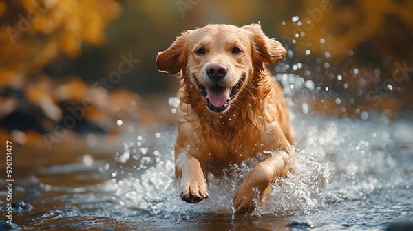 Fototapeta Golden retriever running through water, tongue out, happy. Generative AI