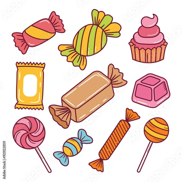 Fototapeta Set of sweet candy doodle hand drawn vector illustration