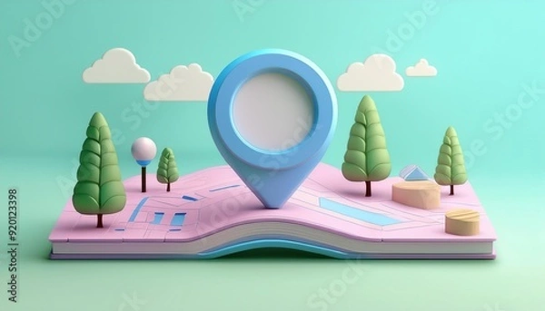 Fototapeta Colorful 3D map design featuring a location pin, trees, and playful elements, ideal for travel and navigation themes.
