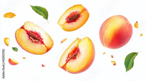 Fototapeta on white background Peach isolated. Whole peach flying with a slice on white background. Falling peach fruit with leaf and cut pieces. Full depth of field. stock photo 