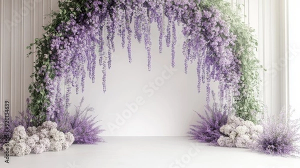Fototapeta Elegant wall adorned with lavender and hanging lavender flowers, set against a misty arch background, creating a serene and sophisticated photography backdrop