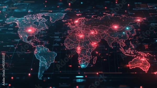 Fototapeta Interactive map showing real-time global e-commerce transactions, dynamic and detailed data points, hyper-realistic design 