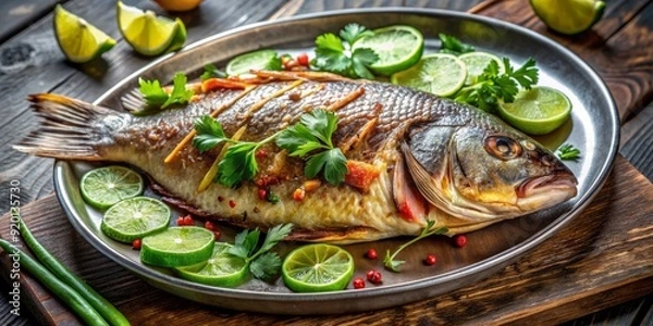 Fototapeta Freshly grilled whole fish with crispy skin, savory spices, and fragrant cilantro on a sleek metal plate, served with a squeeze of lime, showcasing gourmet appeal.