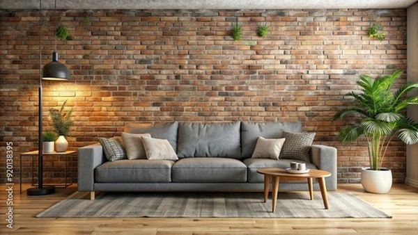 Fototapeta Modern interior living room with brick wall and large grey sofa with pillows, modern, interior, living room, brick wall