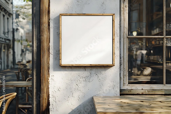 Fototapeta Empty square signboard with a wooden frame mounted on a rustic exterior wall of a cafe, capturing a vintage street view.