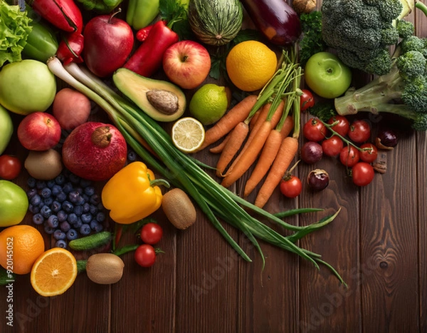 Fototapeta Fresh fruits and vegetables on the wooden table. Healthy food background with copy space