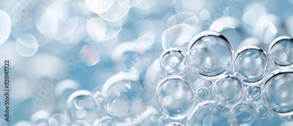 Fototapeta A close-up view of clear bubbles with soft blue bokeh, creating a soothing and clean aesthetic perfect for various uses.