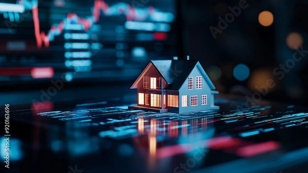 Obraz A house model represents the merging of real estate with technology and financial analysis.