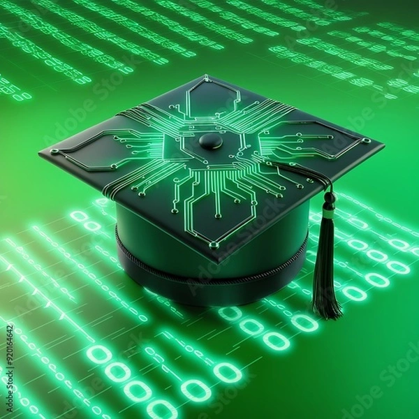 Obraz Graduate hat and diploma against digital binary code. E-learning concept design illustration. Online learning 