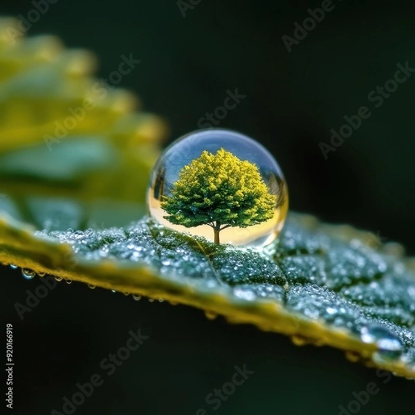 Fototapeta Tree Reflected in Water Droplet on Green Leaf Macro Photography