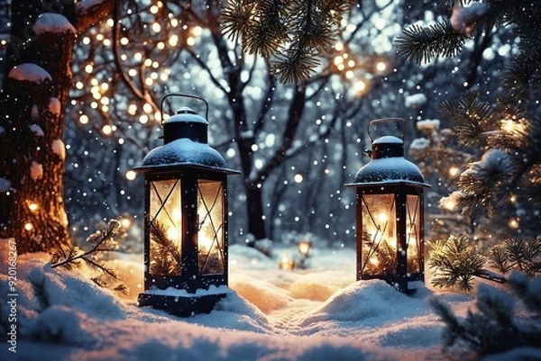 Obraz Winter Lanterns in Snowy Forest
