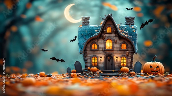Fototapeta 3D illustration featuring a haunted house for Halloween. Emphasize ghostly figures, skeletal motifs, and classic Halloween decor like pumpkins and bats. Include autumn leaves and a crescent moon.