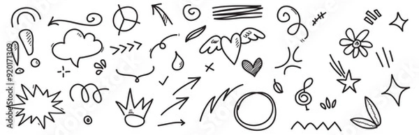 Fototapeta  doodle set handdrawn cartoony expression sign doodle curve directional arrows emoticon effects desig 