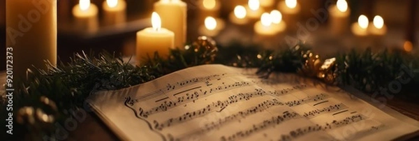 Obraz Christmas Eve Serenity: A Beautiful Sheet Music with Mistletoe and Lit Candles on a Church Table Before the Carol Service Begins