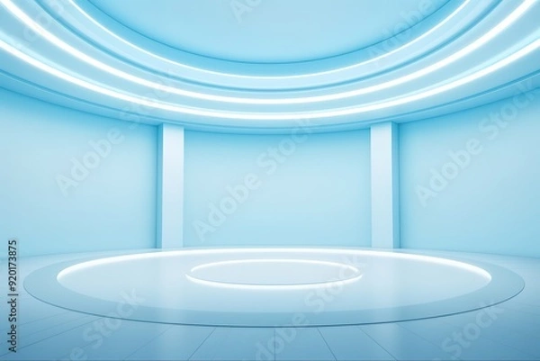 Fototapeta Empty circular room with glowing white lines on ceiling.