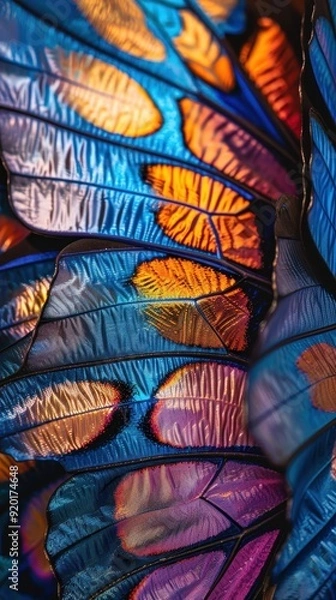 Fototapeta Detailed view of butterfly wings with vivid colors and unique patterns illuminated by sunlight
