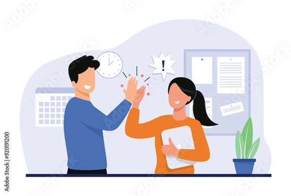 Obraz Teamwork high five concept illustration. Cheerful colleagues congratulate each other, applauding, giving high five. Vector illustration.