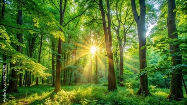 Fototapeta Beautiful sunlight filtering through the lush green leaves of trees in a peaceful forest setting, nature, scenic