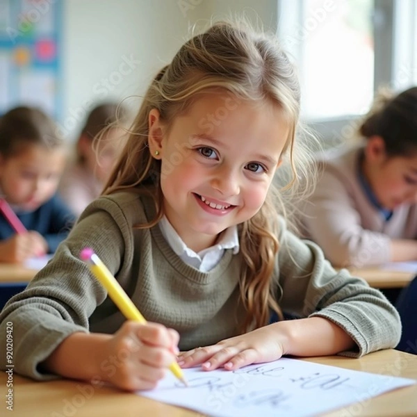 Fototapeta Schoolgirl writing while learning during a class in the classroom.