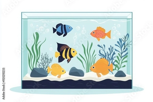 Fototapeta Colorful aquarium with various fish swimming among plants and rocks, creating a vibrant underwater scene.