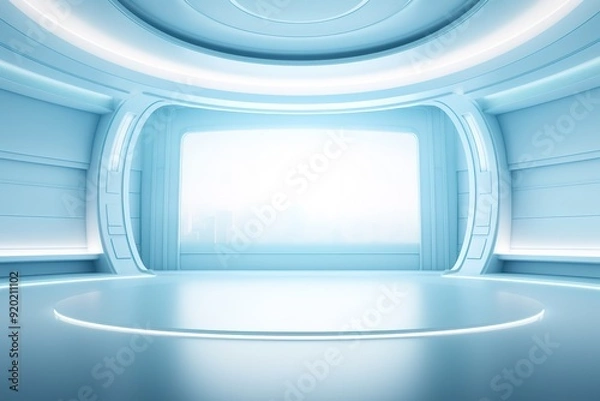 Fototapeta Futuristic blue room with circular platform and glowing lights.