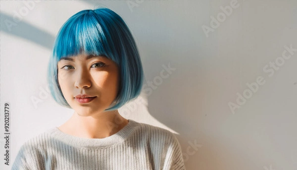 Fototapeta ブルー ポートレート カラー ヘアー モデル ファッション 美容 クローズアップ ナチュラルメイク アーティスティック 表情 肌質 シンプル スタイリッシュ 現代的 明るい 自然光 フェイスライン エレガント フレッシュ カラーハーモニー