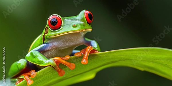 Fototapeta Red eyed tree frog perched on a vibrant green leaf