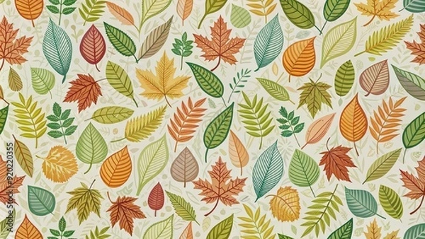 Fototapeta Seamless pattern featuring a variety of leaves on a background, green, nature, foliage, botanical, seamless, pattern