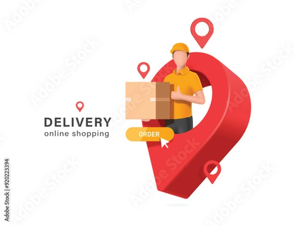 Obraz male delivery driver in a yellow uniform carries a parcel box or cardboard box on red pin map indicating customer's location, vector 3d isolated on white background for online shopping design