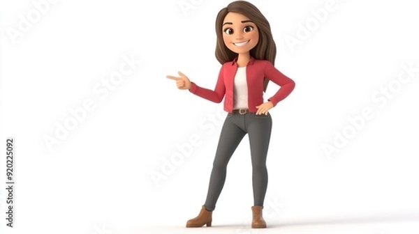 Fototapeta Smiling cartoon woman in red jacket and grey jeans points to the left.
