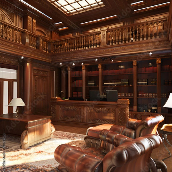 Obraz Law office with a traditional design and wood paneling,
A library with a desk and a chair

