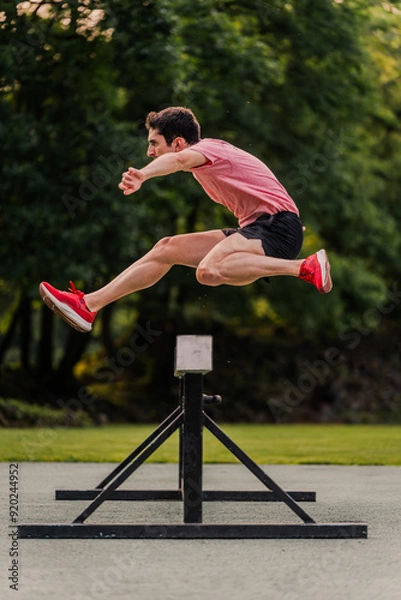 Fototapeta Steeplechase runner training on the athletics track. Vertical