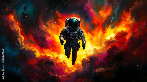 Fototapeta An astronaut floats through a vibrant cosmic explosion of colors and stars.