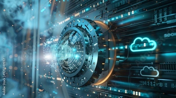 Fototapeta Futuristic Fusion of Security: Bank Vault Door Unlocks to Digital Code and Cloud Icons