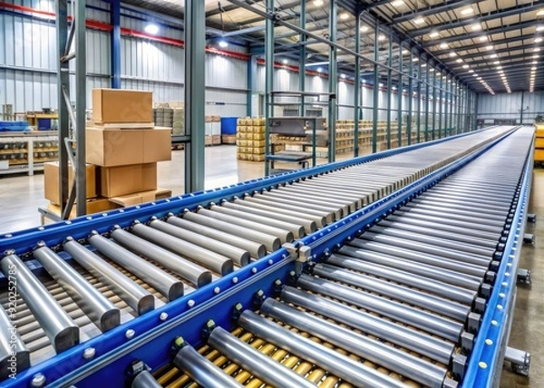 Fototapeta Industrial conveyor system with multiple rows of steel rollers, transporting goods or products through a manufacturing or logistics facility, emphasizing efficiency and automation.