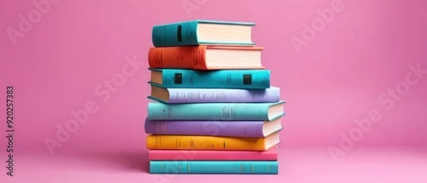 Fototapeta A vibrant arrangement of colorful books and decorative vases on a pastel shelf. Ideal for home decor, interior design, and modern aesthetics.