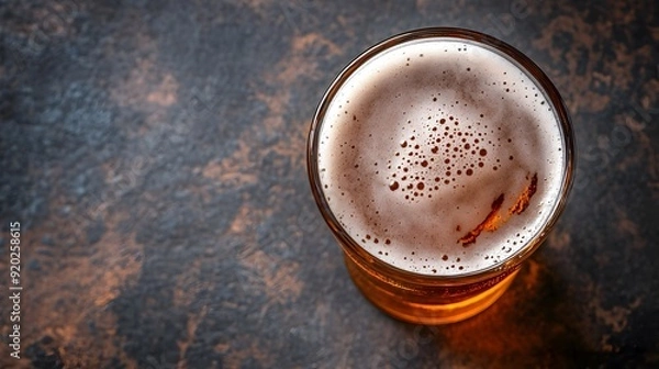 Fototapeta Overhead view of a freshly poured glass of amber beer with a thick foamy head on a rustic wood or stone surface