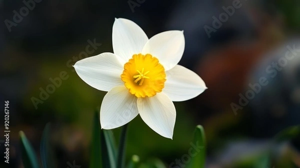 Fototapeta  A solitary white daffodil with a yellow stamen, situated in its bloom, stands out against a hazy backdrop of green grass