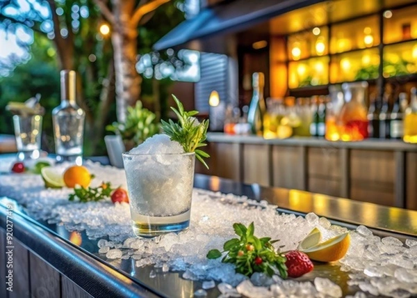 Fototapeta Frosted glass bar counter top scattered with crushed ice and garnishes, waiting for refreshing cocktails to be crafted on a warm summer evening.