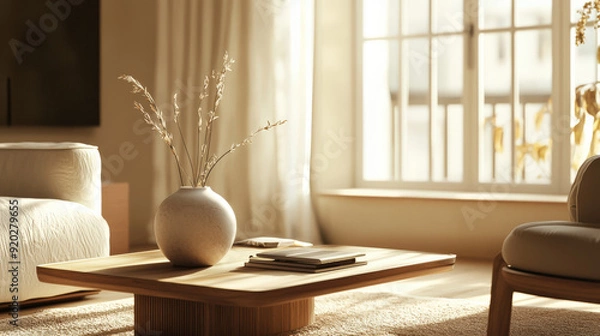 Fototapeta Modern Scandinavian living room with light wood floors, a grey sectional sofa, and minimalist décor, featuring a round coffee table and indoor plants. The space is illuminated by natural light from la