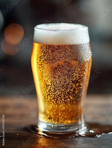 Obraz Freshly Poured Craft Beer in a Chilled Glass with Foamy Head and Condensation