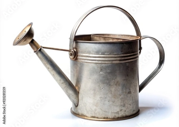 Fototapeta A vintage metal watering can with a long spout and handle sits alone on a clean white background, awaiting its next gardening task.