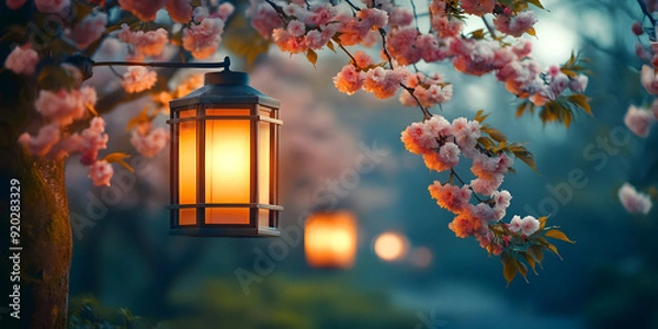 Fototapeta Illuminated Sakura Blossoms: A Lantern Glowing Among Delicate Pink Flowers in a Tranquil Garden