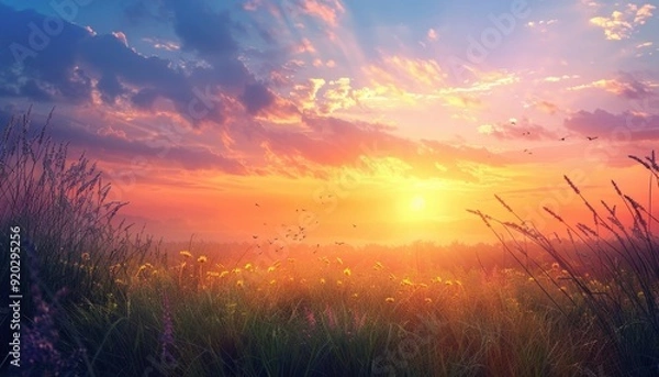 Obraz Colorful sunset over a flower-filled meadow with clouds and distant hills