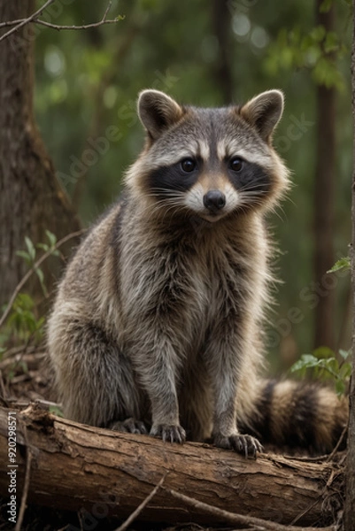 Fototapeta Raccoon Sitting on a Log in the Forest