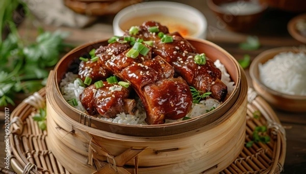 Obraz Succulent glazed chicken served on rice in a bamboo steamer with garnishes