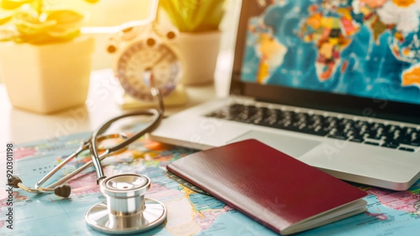 Fototapeta Travel essentials including a laptop with a world map, a passport, and a stethoscope, depicting travel health and global exploration.
