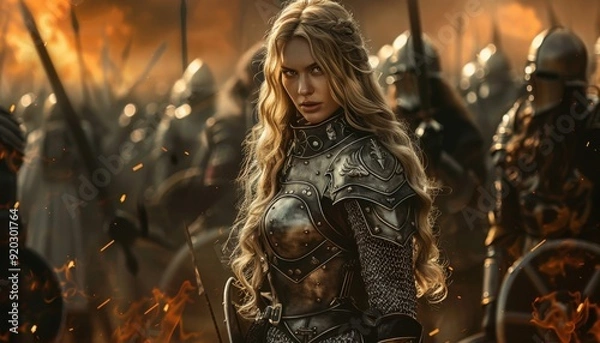 Obraz Warrior standing confidently amid a battlefield with flames and soldiers during twilight