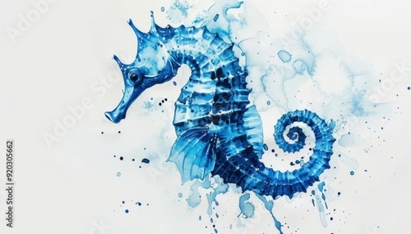 Obraz A detailed blue watercolor seahorse with splashes on a light background